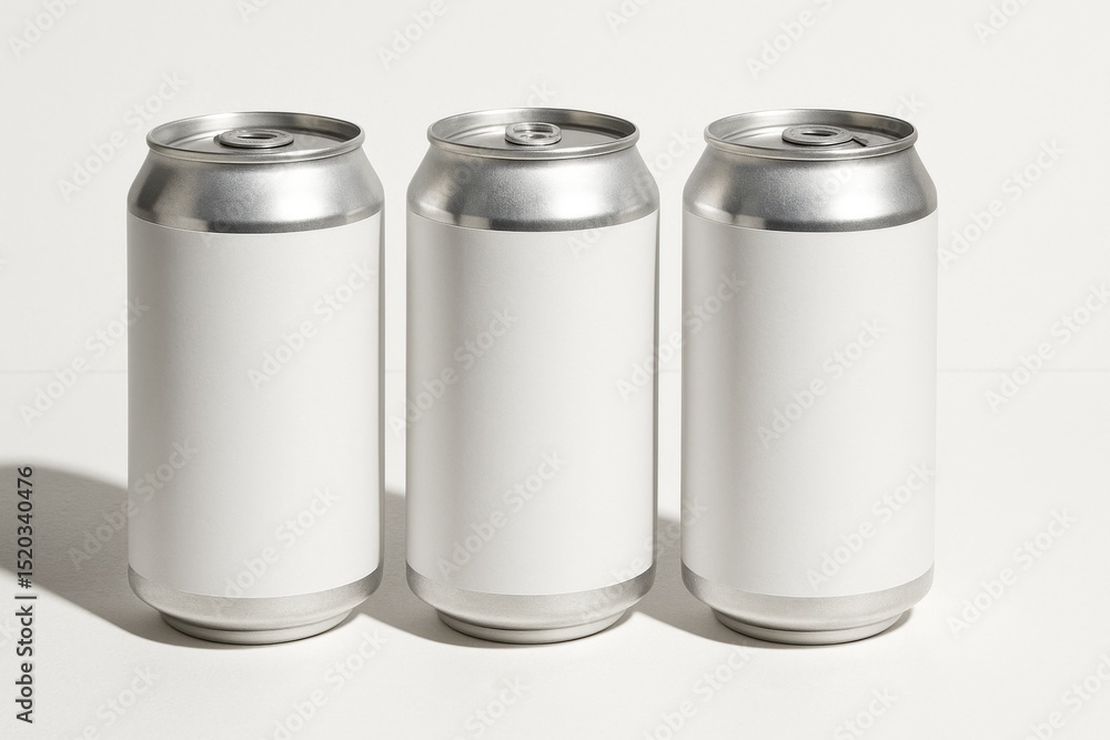 Three Aluminum Cans with Blank White Labels Ready for Branding on a Clean White Surface Studio Shot Three Aluminum Cans with Blank White Labels Ready for Branding on a Clean White Surface Studio Shot