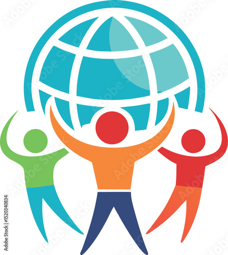 Diverse individuals united together holding up a globe representing global cooperation and community