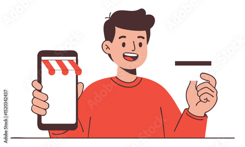Happy man making online purchase with phone