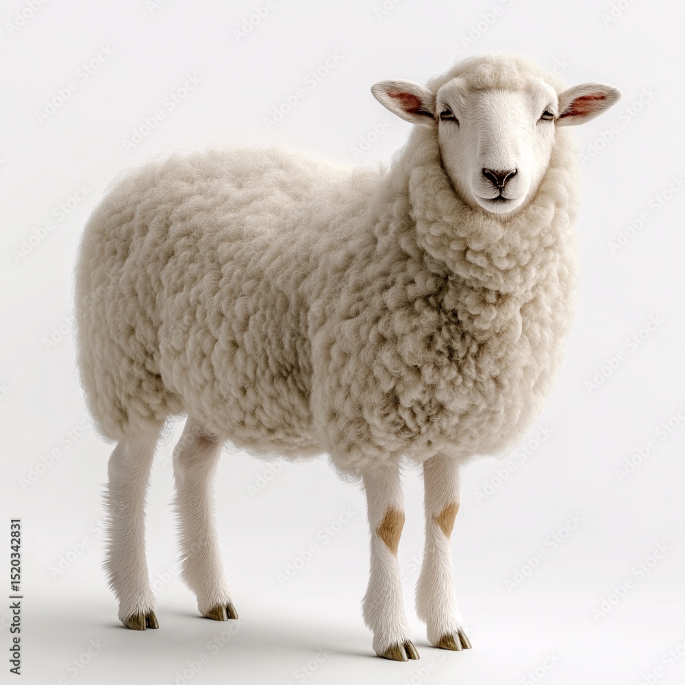 Fototapeta premium Cute White Sheep in Pastoral Farm Setting. Fluffy Wool & Sustainable Agriculture