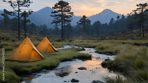 Sunset Camping Tents Landscape Illustration