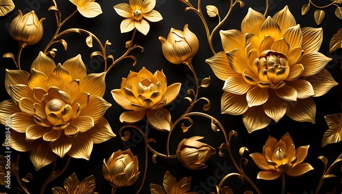 Golden Floral 3D Wall Art Elegant & Luxurious Black Background Design