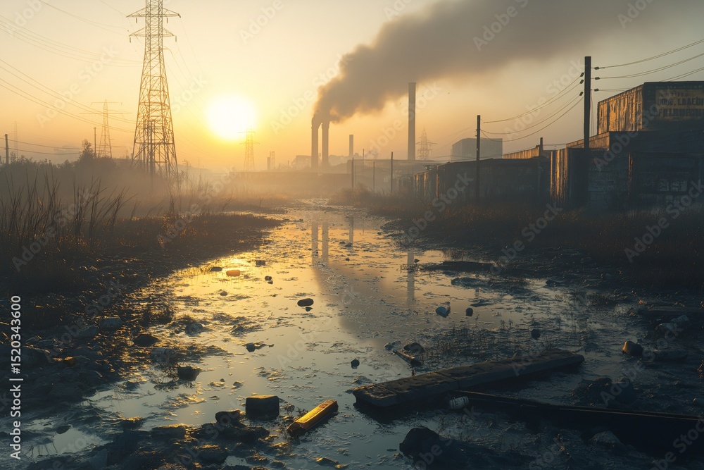 Industrial Pollution in Urban Landscape. Smog-Filled Sunset Reflecting Environmental Contamination and Climate Change Industrial Pollution in Urban Landscape. Smog-Filled Sunset Reflecting Environmental Contamination and Climate Change