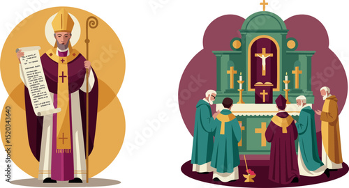 Christian bishop holding scroll and priests performing mass at church altar vector illustration 
