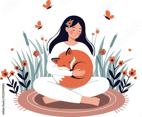 Woman Sitting Cross Legged Hugging Fox Surrounded by Flowers and Butterflies Vector Illustration 