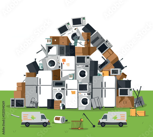 Household electronic waste recycling pile with appliances and delivery trucks vector illustration 