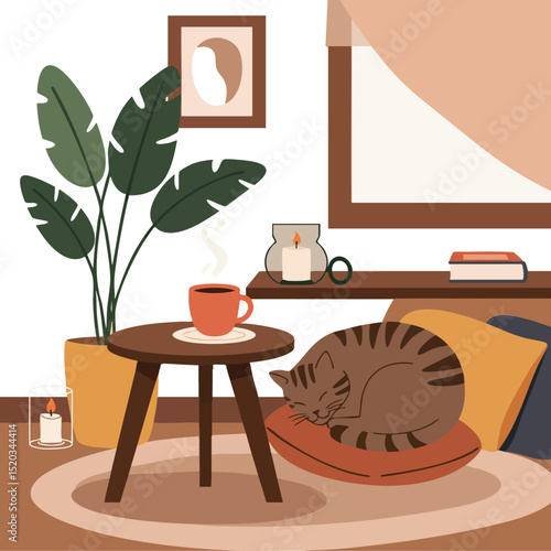 Cozy indoor scene with sleeping cat and warm coffee in living room setting 