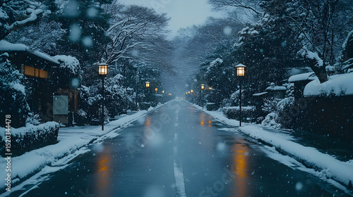 Snowy Street at Night, Winter Illustration