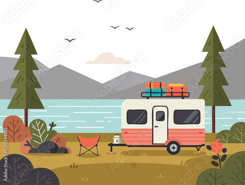 Camper van by lake with mountains and trees in autumn landscape vector illustration 