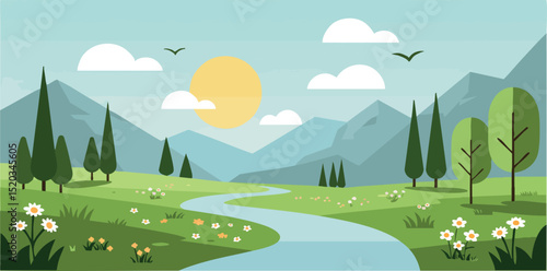 River flowing through green mountain valley with trees and flowers under sunny sky vector illustration 
