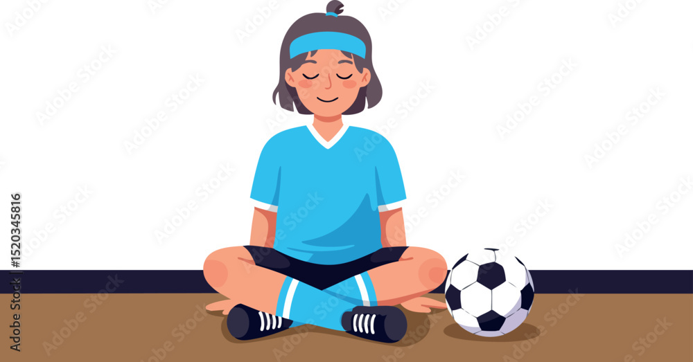 Obraz premium Child Meditating in Sportswear with Soccer Ball on Floor Vector Illustration