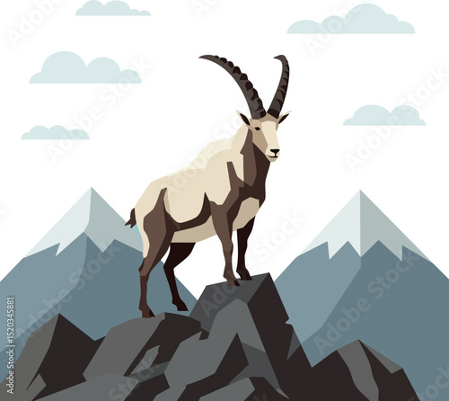 Mountain goat standing on rocky peak with distant mountain range vector illustration 