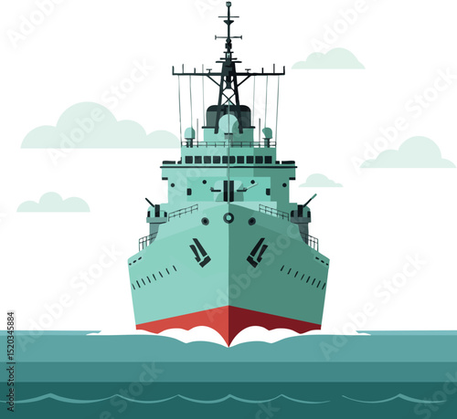 Military warship front view sailing on calm sea vector illustration design 