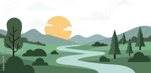 River flowing through green forest with mountains and yellow sun landscape vector illustration 