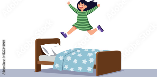 Girl jumping on bed with floral blanket in joyful indoor playtime scene vector illustration 