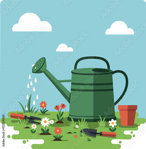 Green watering can with gardening tools and blooming flowers in sunny garden scene vector illustration 
