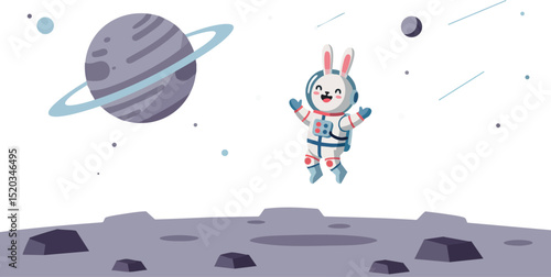 Astronaut Bunny Floating in Space with Planet and Crater Landscape Vector Illustration 