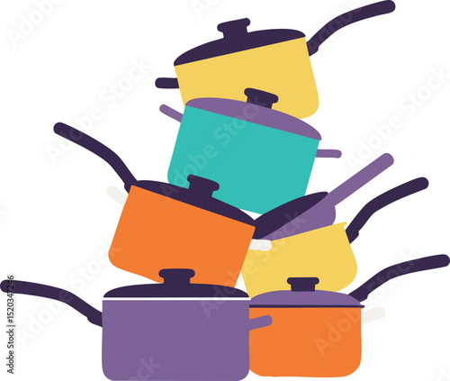 Colorful stack of kitchen saucepans with handles and lids vector illustration 