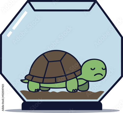 Turtle inside transparent fishbowl with brown shell and green body vector illustration 