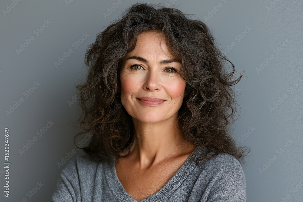 Fototapeta premium Confident and Cheerful Woman with Curly Hair. Modern Makeup & Serene Expression in Studio Portrait