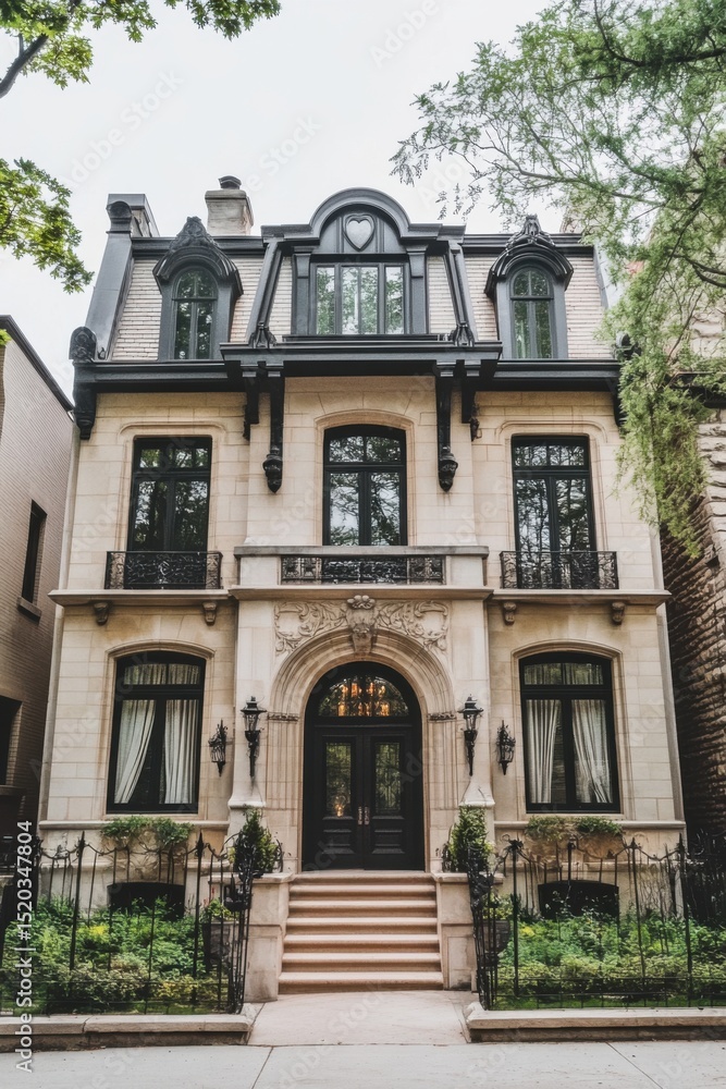 Obraz premium Elegant mansion with intricate architecture located in a serene neighborhood, showcasing detailed stonework and lush greenery surrounding the entrance