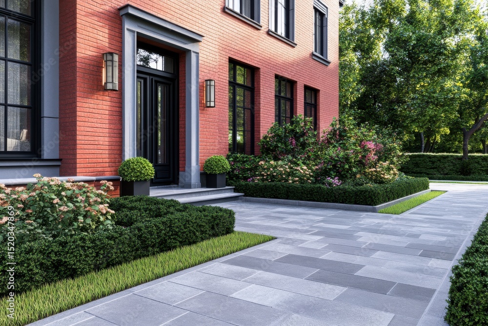 Fototapeta premium Beautiful modern house exterior with manicured landscape and elegant walkway in a sunny neighborhood during the afternoon