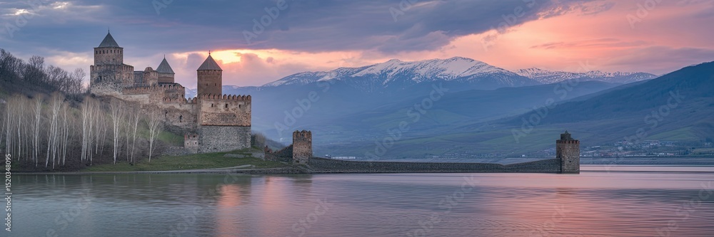 Serene Medieval Castle on Lakeside with Majestic Mountains and Stunning Sunset Reflection Panorama Serene Medieval Castle on Lakeside with Majestic Mountains and Stunning Sunset Reflection Panorama