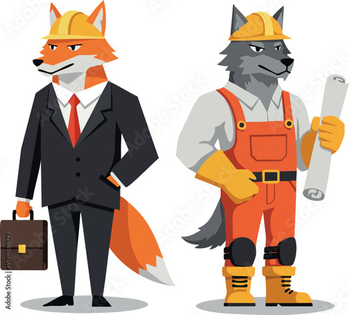 Fox and wolf construction workers in business suit and workwear holding blueprint vector illustration 