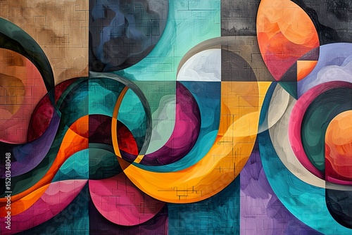 Colorful depiction of abstract shapes and patterns, blending organic forms with geometric precision in a harmonious composition 