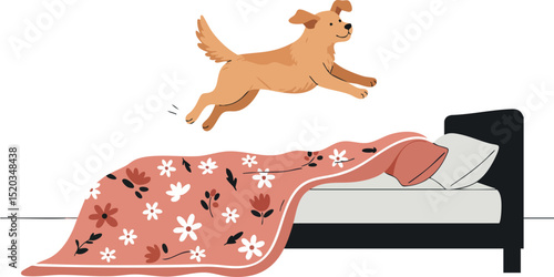 Happy dog jumping on bed with floral blanket in cozy bedroom vector illustration 