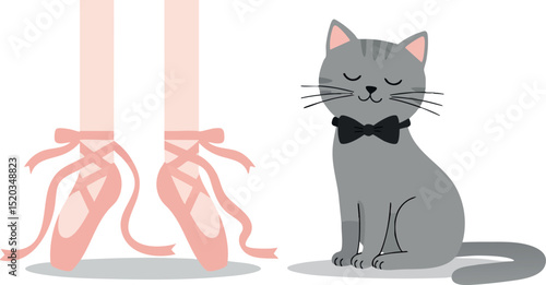 Gray cat with bow tie sitting near ballet dancer legs in pink pointe shoes vector illustration 