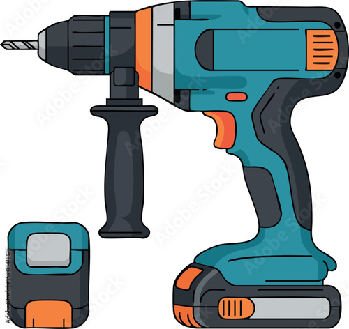 Cordless power drill with drill bit and battery pack vector illustration in blue and orange colors 