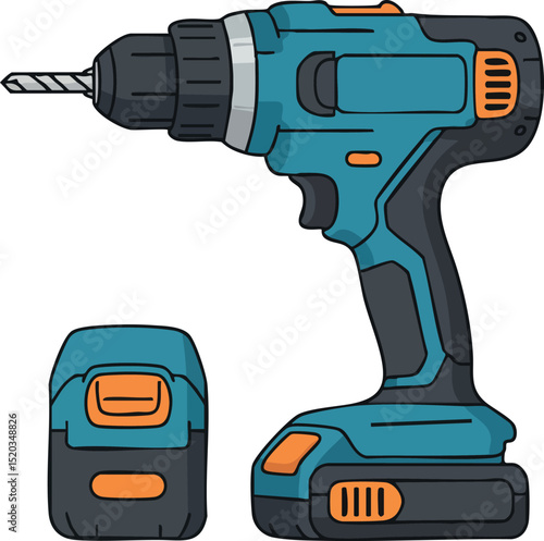 Cordless power drill with battery pack blue and orange hand tool vector illustration 