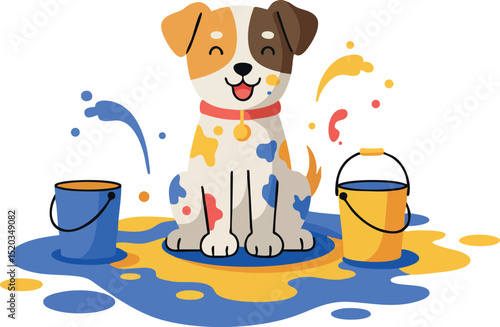 Playful dog with colorful paint splashes and buckets cheerful illustration vector 