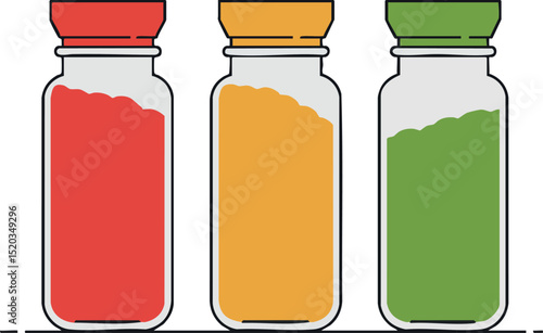 Three glass jars with red yellow and green spices vector illustration for cooking and kitchen use 
