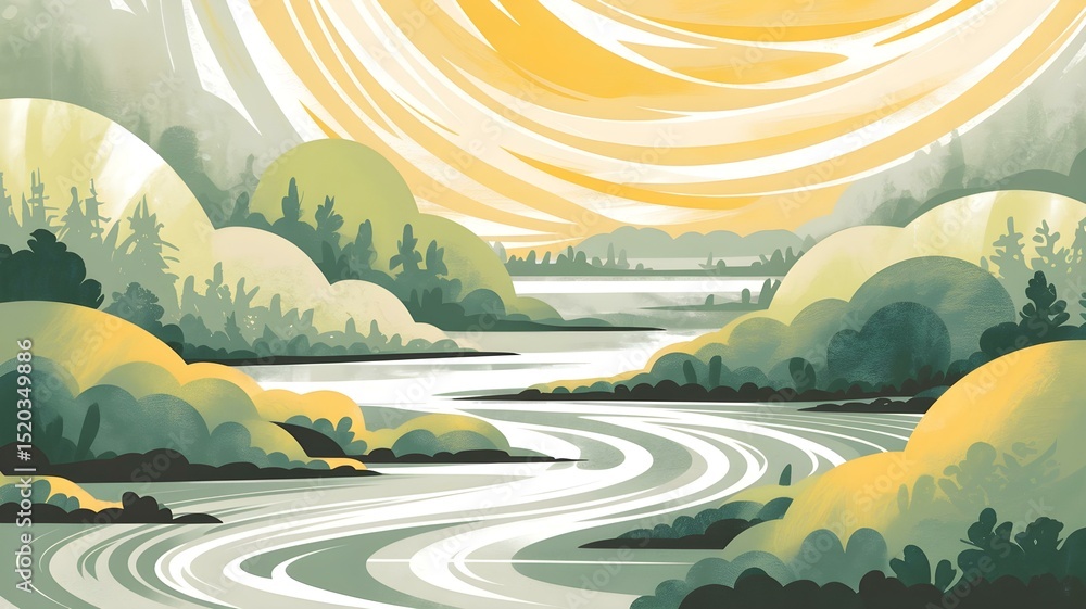 Fototapeta premium Serene Landscape Painting: Winding River Through Green Hills Under a Sunny Sky - Peaceful Nature Scene