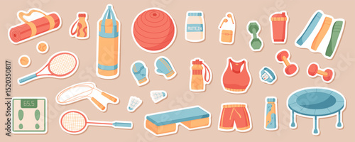 Cartoon sticker sport equipment set on a flat background. Fitness and training tools include gym accessories and workout items. Athlete colorful design for active lifestyle concepts gym decorations.