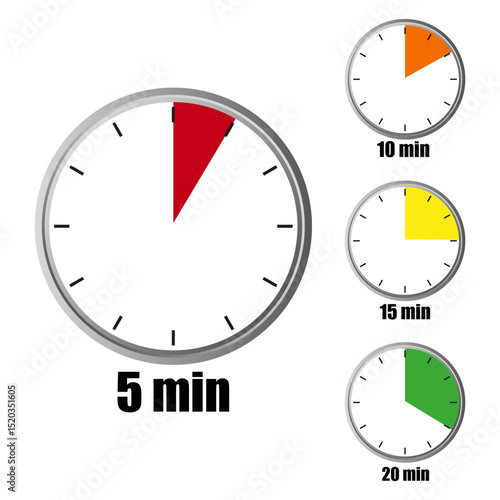 Countdown timer illustration. Five ten fifteen twenty minutes. Clock segment display. Vector time concept.
