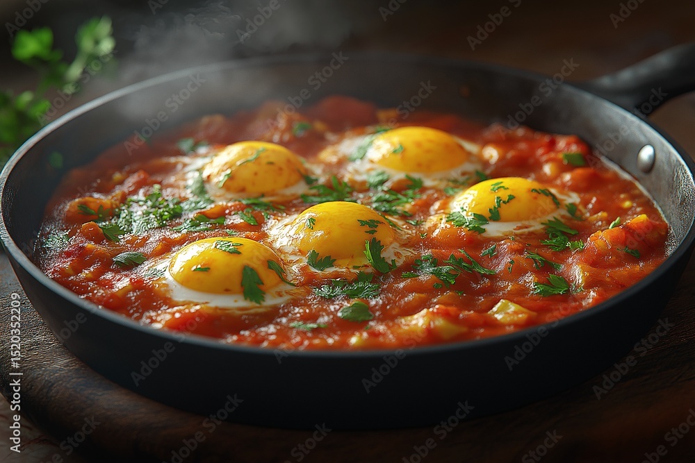 Delicious Homemade Shakshuka - Healthy Vegetarian Breakfast with Eggs, Tomatoes, and Fresh Herbs in Skillet Delicious Homemade Shakshuka - Healthy Vegetarian Breakfast with Eggs, Tomatoes, and Fresh Herbs in Skillet