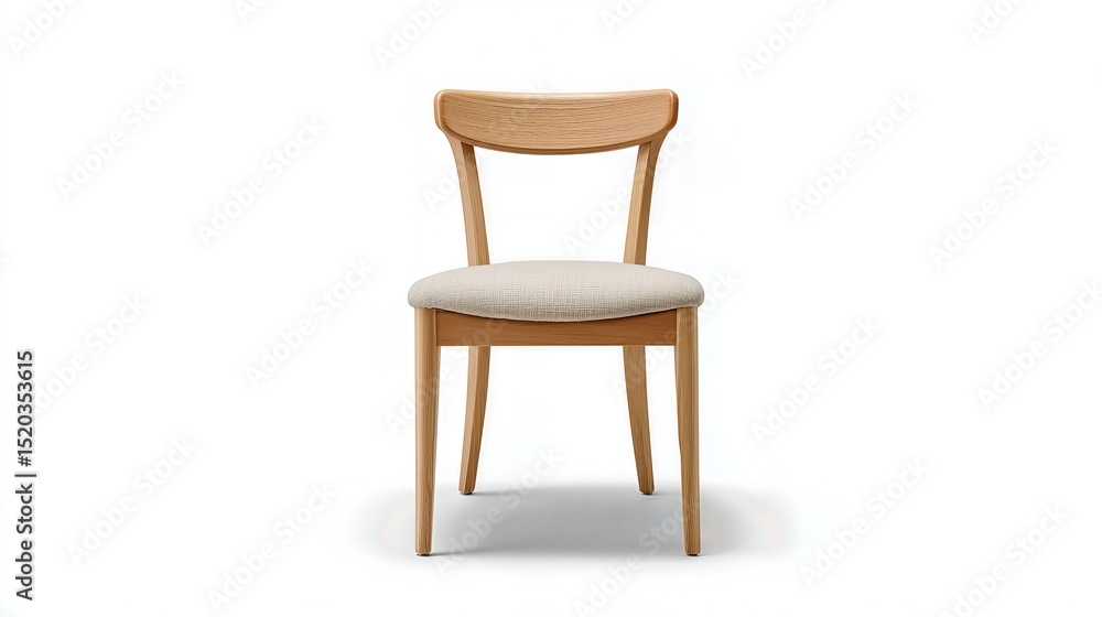 Front view of a modern wooden chair with a beige cushioned seat against a white background Front view of a modern wooden chair with a beige cushioned seat against a white background
