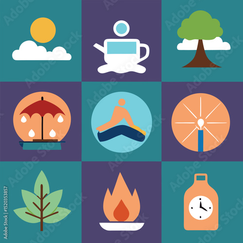 Collection of simplified icons representing weather nature activities and time illustration