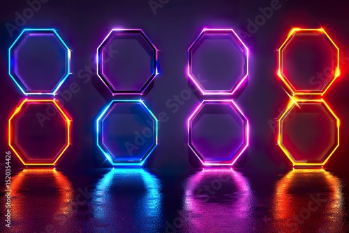 Set of glowing neon hexagons with swirling dynamic curves and light reflections isolated on black background technology concept. Hexagonal light 
