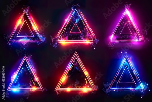 Set of glowing neon triangles with intricate angles and glowing edges isolated on black background technology concept. Triangular light frame border. 