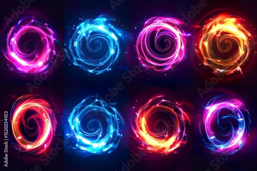 Set of glowing neon spiral shapes with dynamic energy lines isolated on black background technology concept. Spiral light frame border. You can use for animation effects, icons, and symbols -