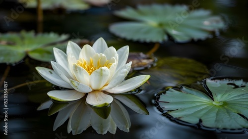 Wallpaper Mural White Water Lily with Yellow Center on a Pond, Reflected in the Water, Showing a Peaceful Nature Scene Torontodigital.ca