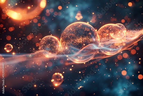 Set of radiant glowing orbs in varying sizes, suspended in space with soft light trails, creating a futuristic abstract composition 