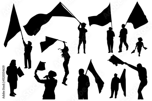 A set of silhouette icon of waving flag, set flag bearer Hand drawn vector illustration