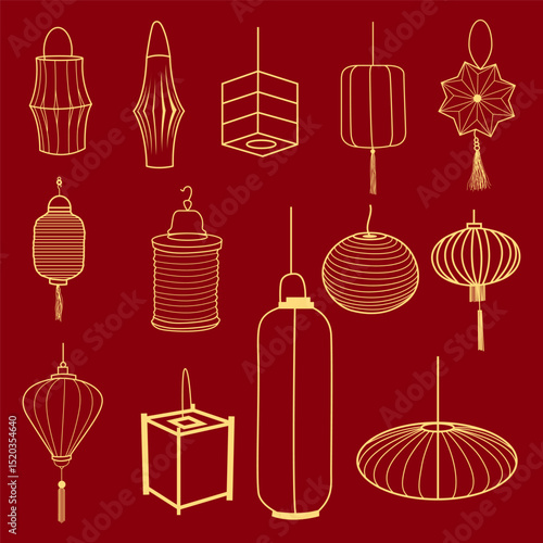set of six red chinese lantern on the red background, Hand drawn vector illustration