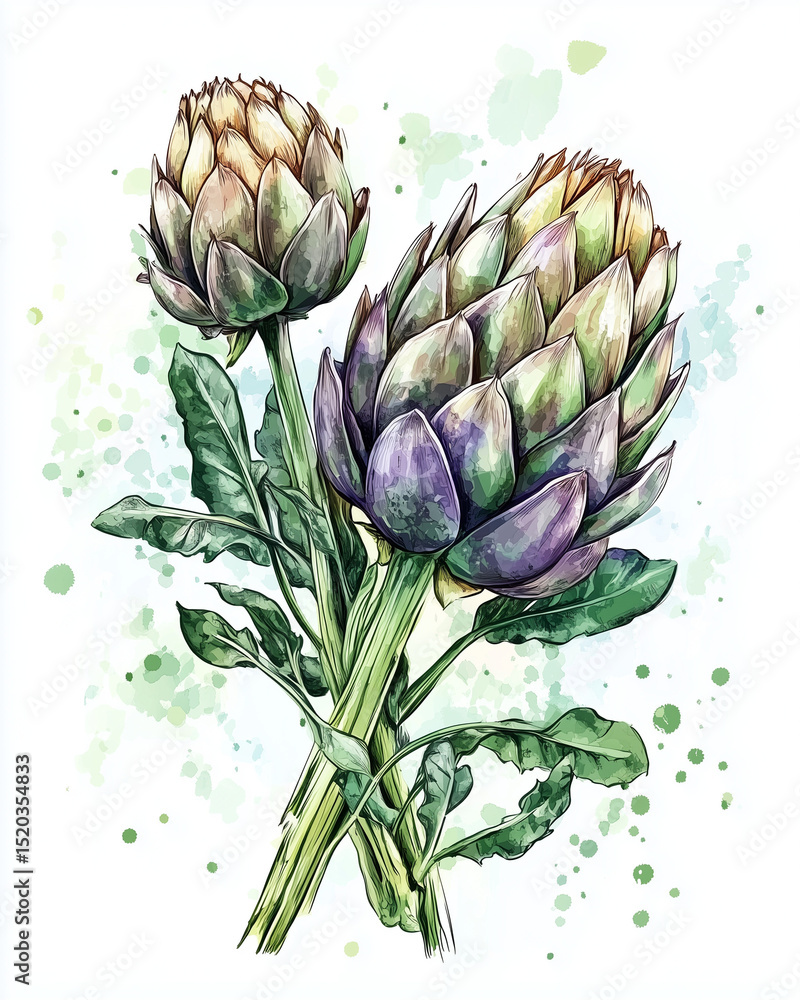 Fototapeta premium Artichokes with leaves in watercolor botanical illustration style