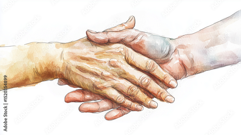 Fototapeta premium Elderly and young hands holding each other in watercolor style